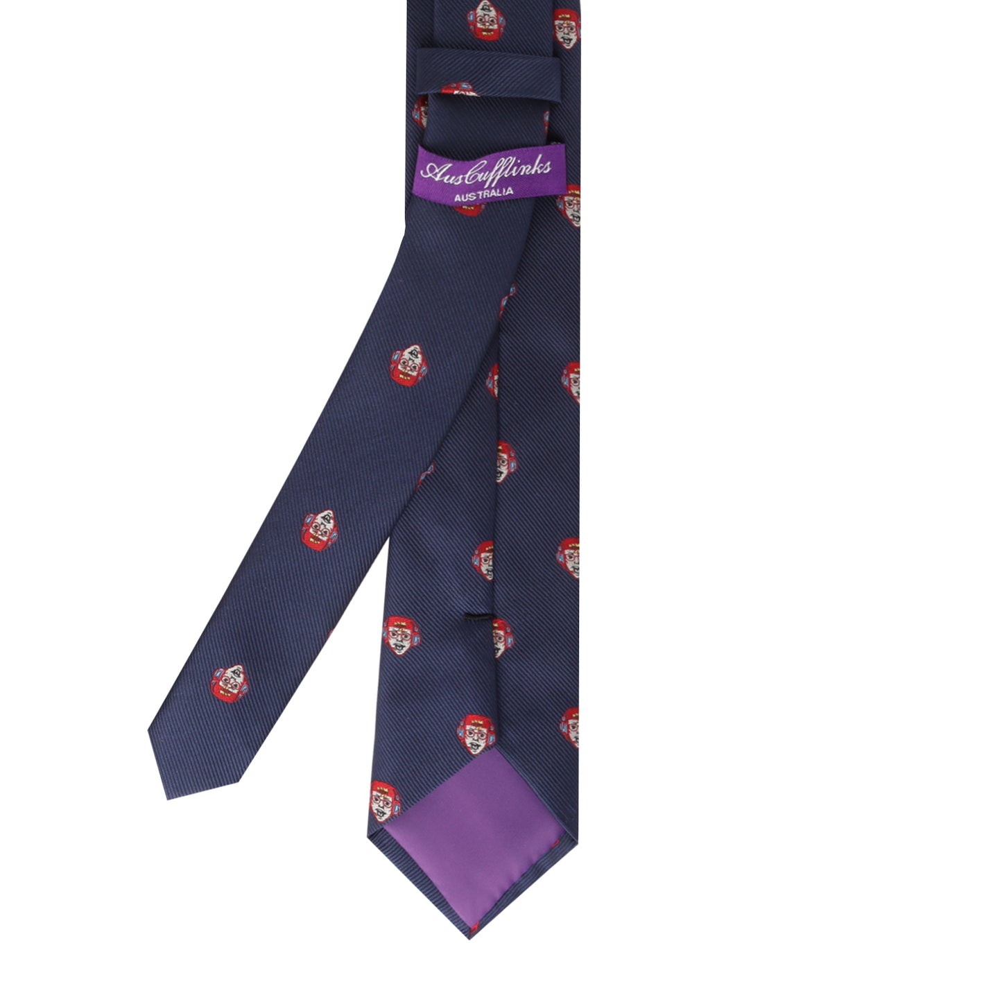 Elevate your style effortlessly with the Skinny Gaming Tie in dark blue, adorned with small red and white shield patterns. The tie's purple label and lining add a touch of sophistication, making it an essential fashion accessory.