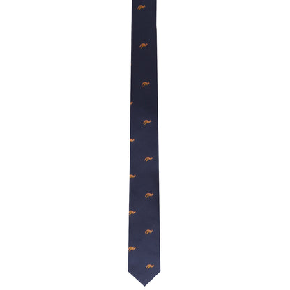 The Kangaroo Skinny Tie, a long and narrow navy blue tie, features small orange embroidered patterns evenly spaced throughout for unmatched elegance.