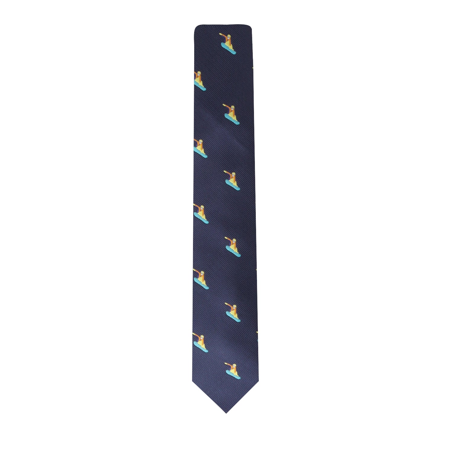 A navy blue Slim Tie for Snowboarders featuring a repeating pattern of a person snowboarding on teal blue slopes, adding a dash of slope style to your attire.