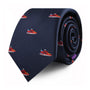 A Sneaker Skinny Tie with small red and white sneaker motifs rolled up, showcasing modern style with a touch of urban flair.