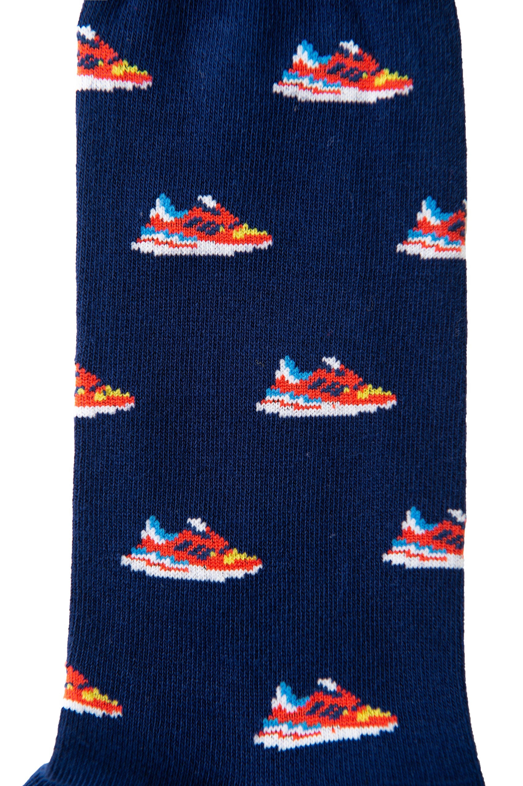 Elevate your stealthy fashion with Sneaker Socks in dark blue, featuring a whimsical design of vibrant sneakers in red, blue, and yellow.