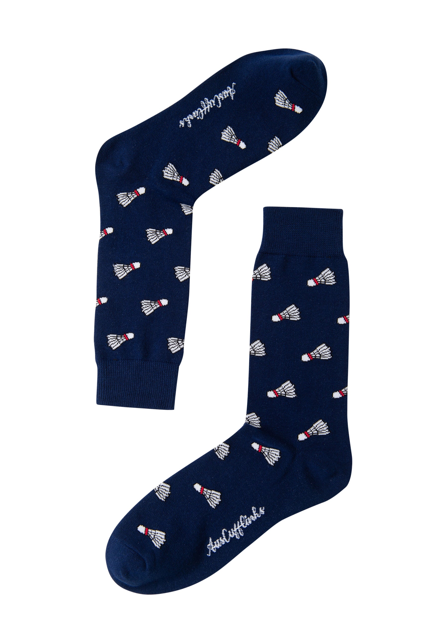 Badminton Socks in navy blue, featuring a playful shuttlecock print and "Aurelie Flack" in white script near the toes.