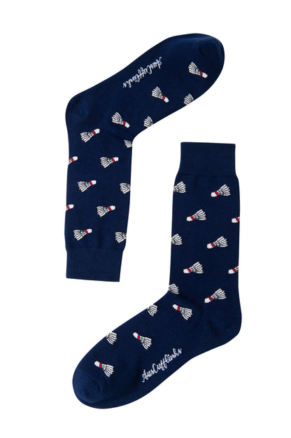 Badminton Socks in navy blue, featuring a playful shuttlecock print and "Aurelie Flack" in white script near the toes.
