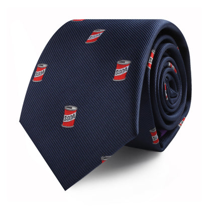 Introducing the Soda Skinny Tie: a navy blue necktie featuring eye-catching red soda can patterns intricately placed across the fabric for a stylish flair.