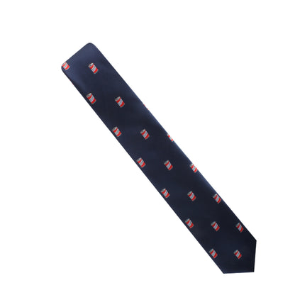 The Softdrink Tie features a striking pattern of red and white striped cylindrical objects on a dark blue background, adding a touch of style to any ensemble.