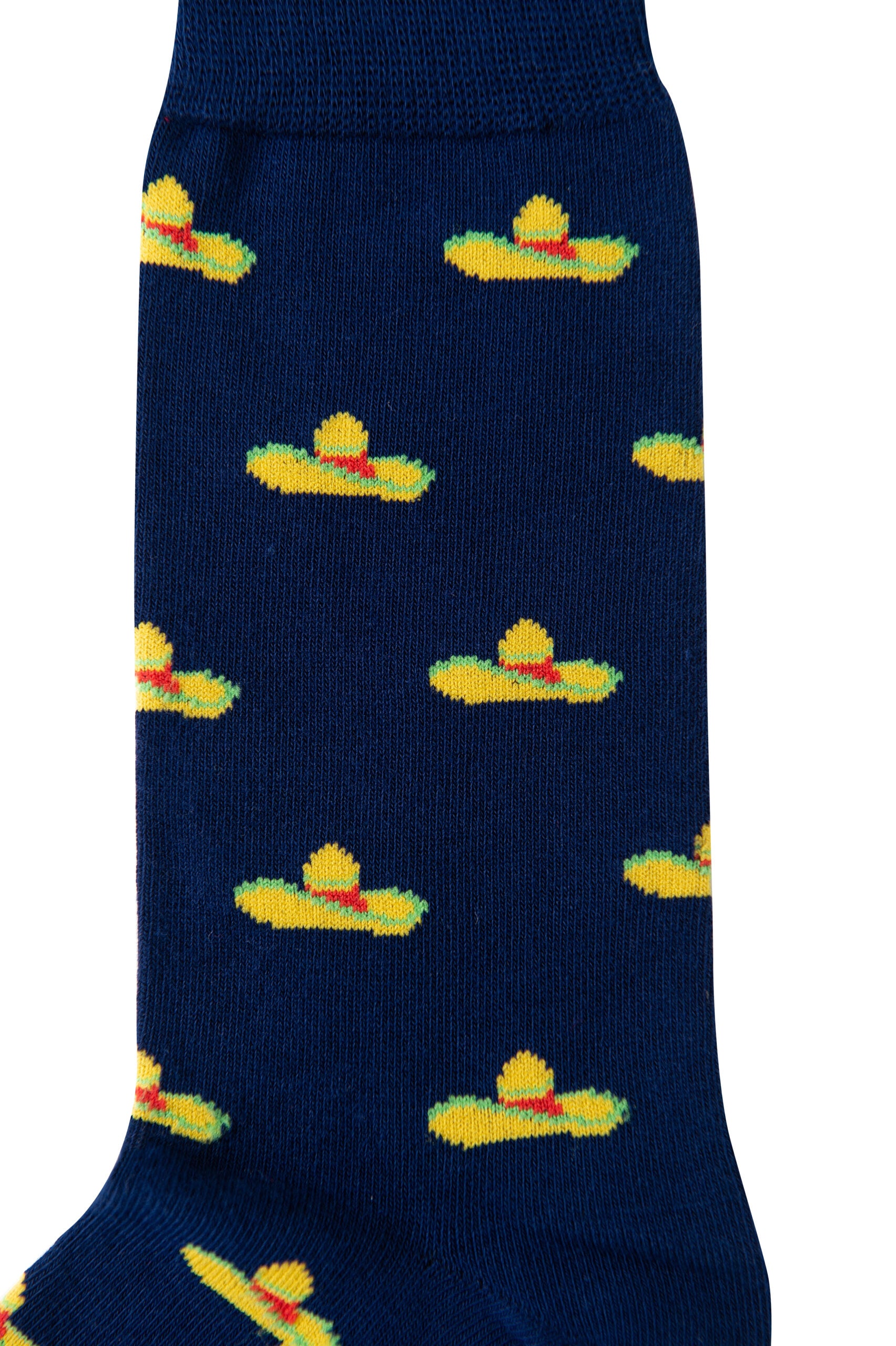 Introducing the Sombrero Socks: a navy blue design ideal for a fiesta, showcasing yellow sombreros with lively red and green band details.