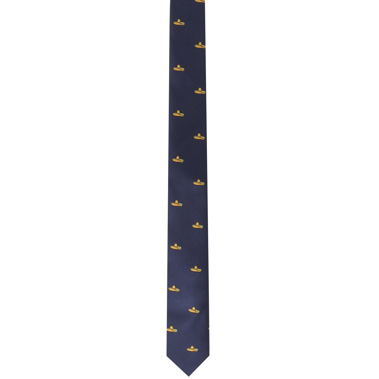 Introducing the Sombrero Skinny Tie: a dark blue tie featuring a charming pattern of small yellow rubber ducks, perfect for adding a touch of playfulness to your attire.