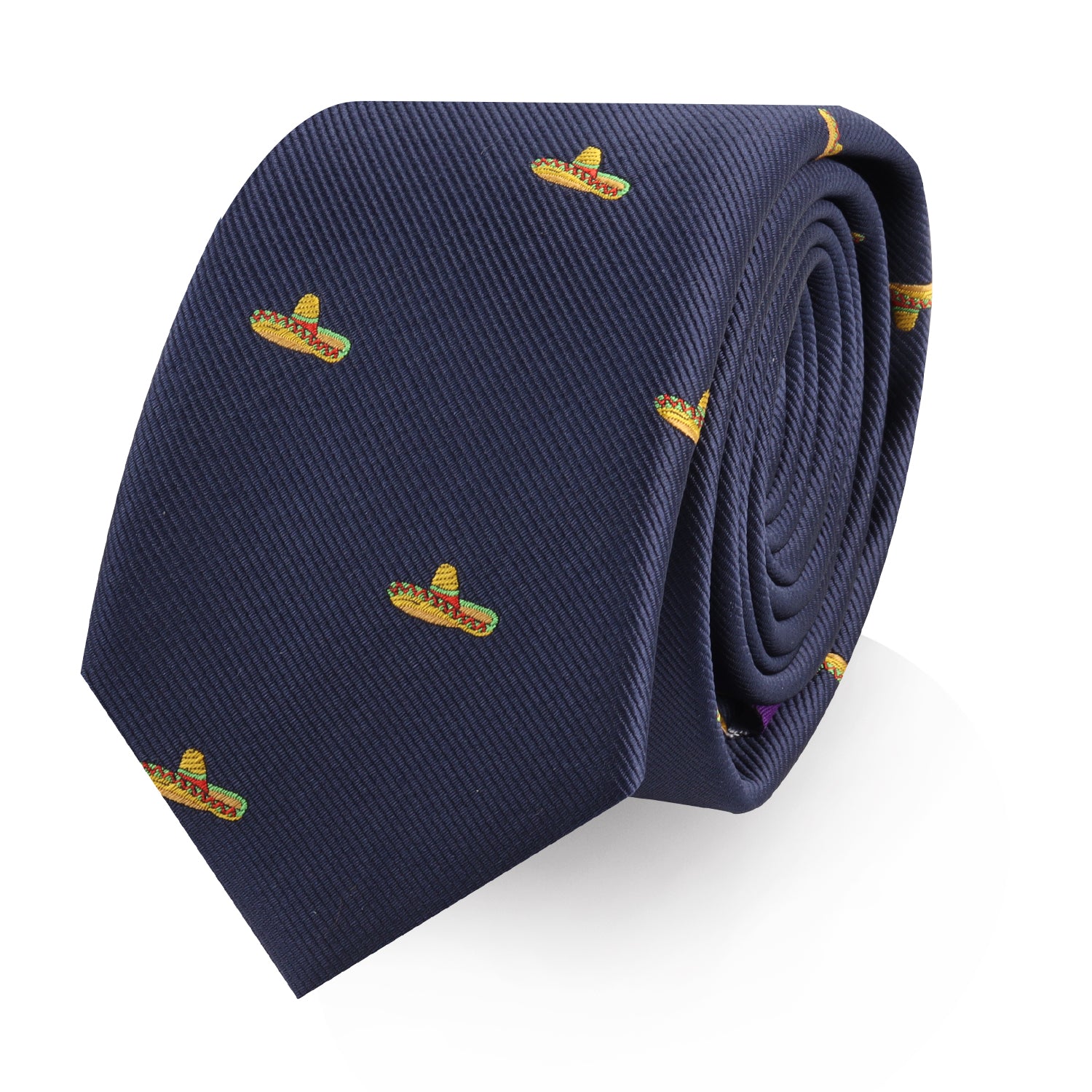 The Sombrero Skinny Tie features a stylish navy background and is decorated with small, embroidered sombrero designs in vibrant red, green, and yellow hues, adding a touch of Fiesta flair to your outfit.