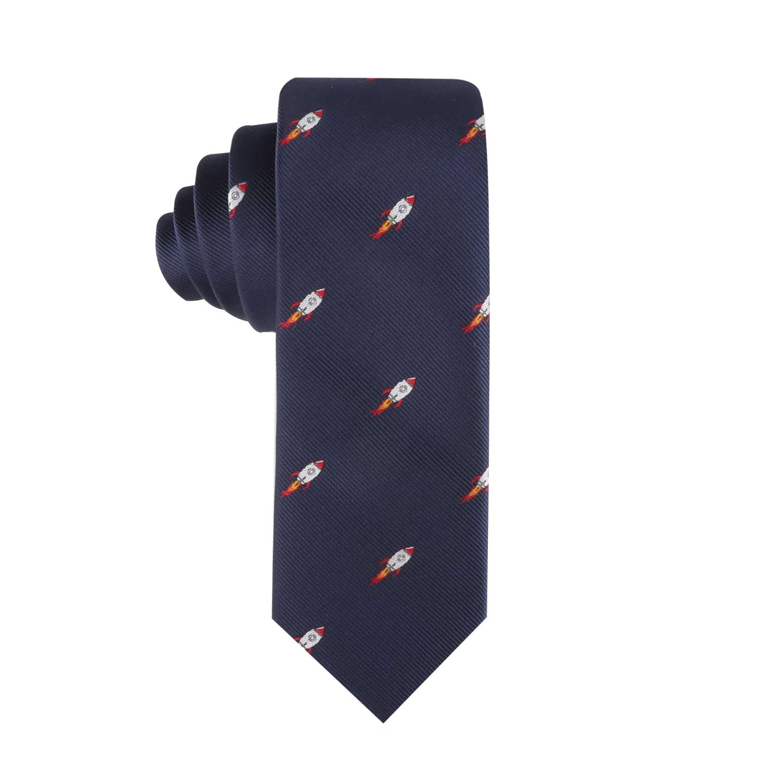 The Space Enthusiast Tie, a dark navy blue necktie adorned with small, repeating rocket ship motifs throughout, is perfect for those aiming to blend a touch of whimsy with peak elegance.