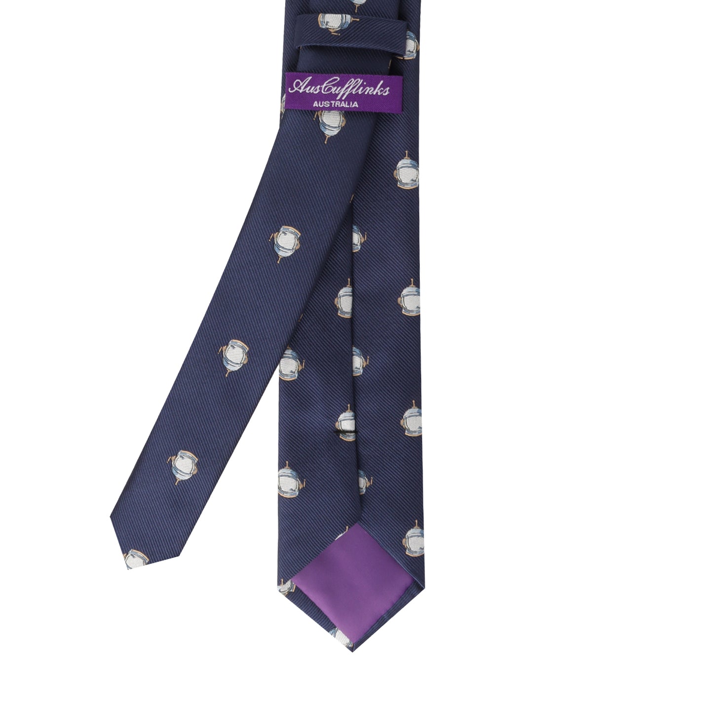 Introducing the Space Theme Tie: a blue necktie adorned with a pattern of small owl graphics, featuring a purple label with "AusCufflinks AUSTRALIA" on the inner part, designed to elevate your style to new galaxies.