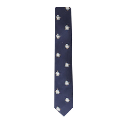 Elevate your style with the Spaceman Thin Tie, a navy blue necktie adorned with a pattern of small white dome structures that evoke the imagery of distant galaxies.