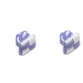 Two small, square fabric cufflinks, named Purple & White Square Cufflinks by AusCufflinks, rest elegantly on a white background, showcasing a subtle geometric design.