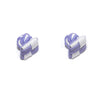 Two small, square fabric cufflinks, named Purple & White Square Cufflinks by AusCufflinks, rest elegantly on a white background, showcasing a subtle geometric design.