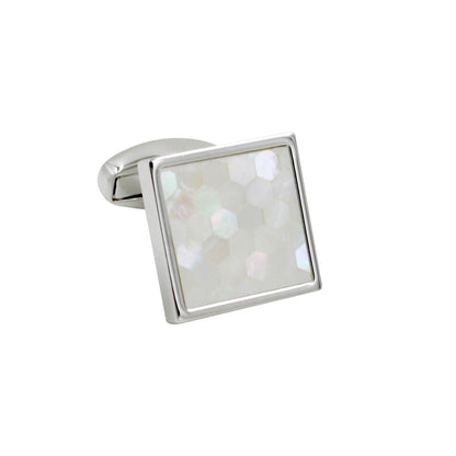 The Light Ocean Mosaic Cufflinks are silver, featuring a square, iridescent honeycomb-patterned face. These luxury cufflinks capture serene ocean beauty, perfect for adding elegance to the modern gentleman's ensemble.