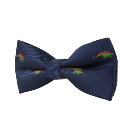 The Stegosaurus Bow Tie, adorned with small green and red dinosaur patterns on a navy blue fabric, adds a touch of prehistoric panache to any ensemble.