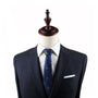 A mannequin dressed in a dark navy blue suit with a white dress shirt and a Stegosaurus Slim Tie embodies modern elegance.