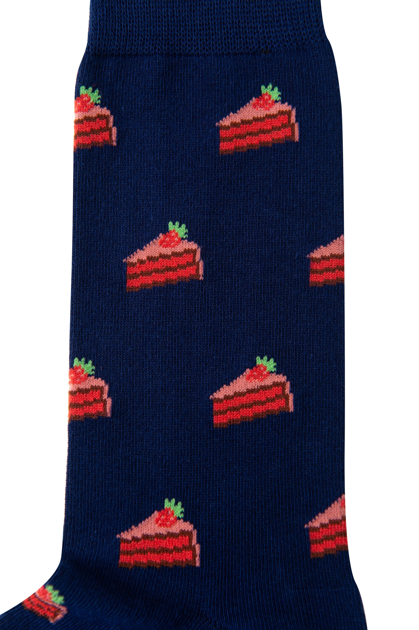 Close-up of Strawberry Cake Socks decorated in a sweet, layered style with a repeating pattern of red and pink cake slices topped with green accents.