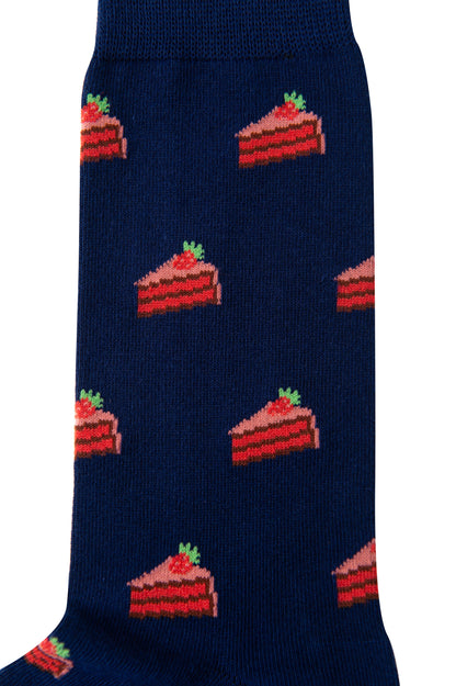 Strawberry Cake Socks: navy blue socks with a repeating pattern of red and pink layered cake slices topped with green garnish—a fun dessert-themed gift for any sweets lover.