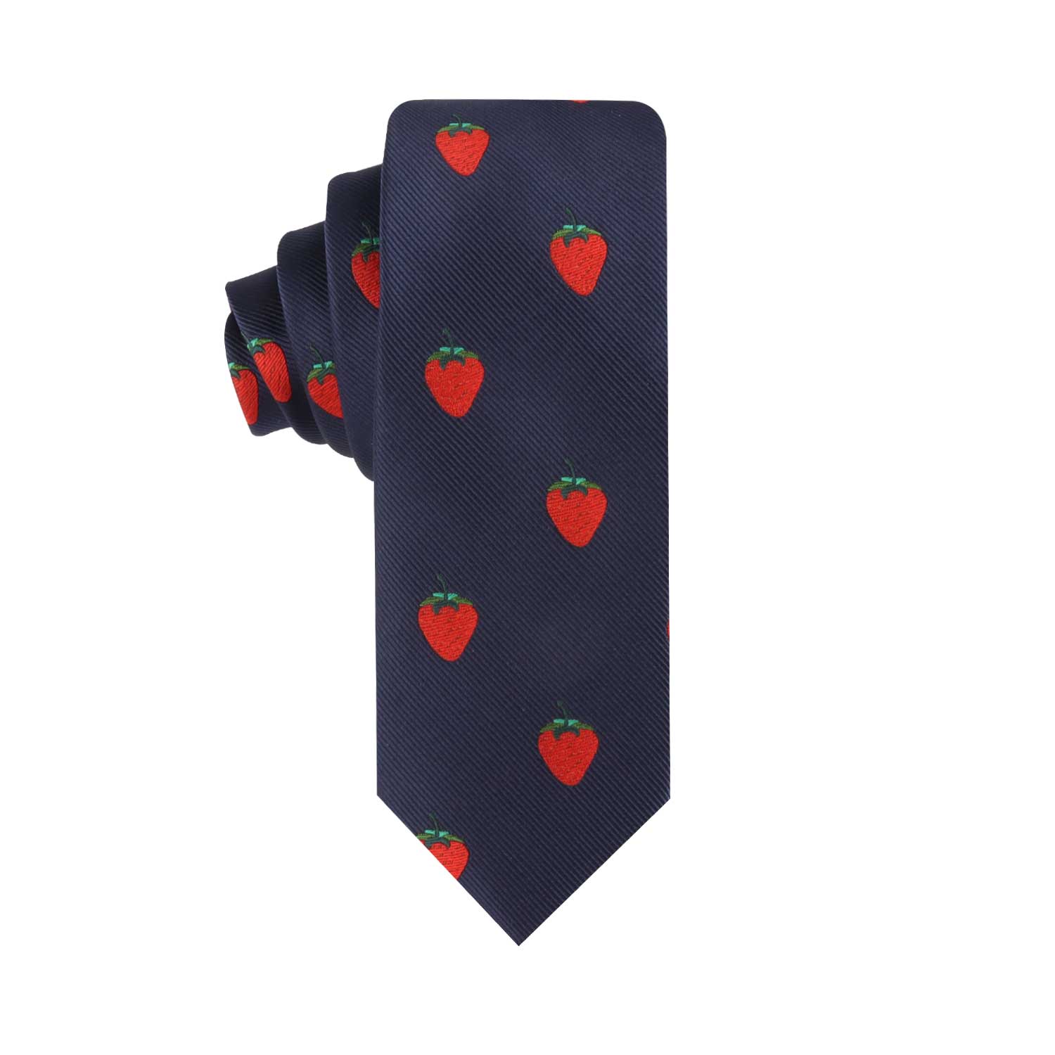 Introducing the Strawberry Skinny Necktie: a navy blue tie embellished with red strawberries, radiating a delightful fruity appeal.