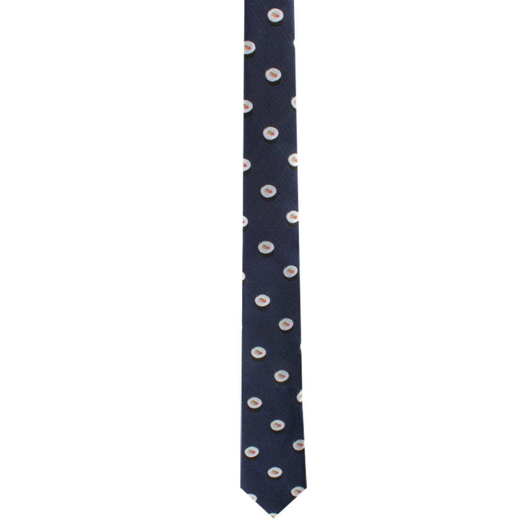 Sushi Lover Tie in navy blue featuring a small white and red polka dot pattern, exuding modern charm.