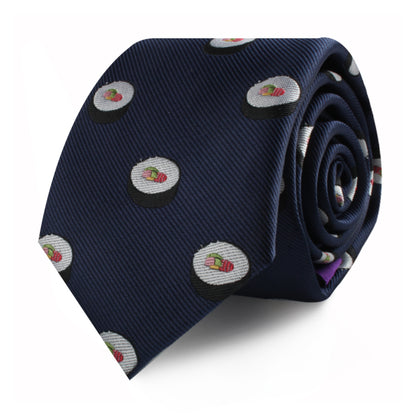 A rolled-up Sushi Skinny Tie featuring a navy blue pattern of sushi rolls with red and green details, exuding modern charm and culinary artistry.