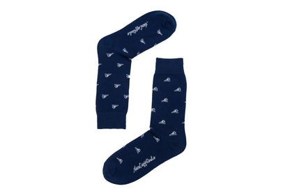 Two Swimming Socks in navy blue, featuring small white patterns and text design, arranged to form a "7" shape, capturing a wave-washed style.