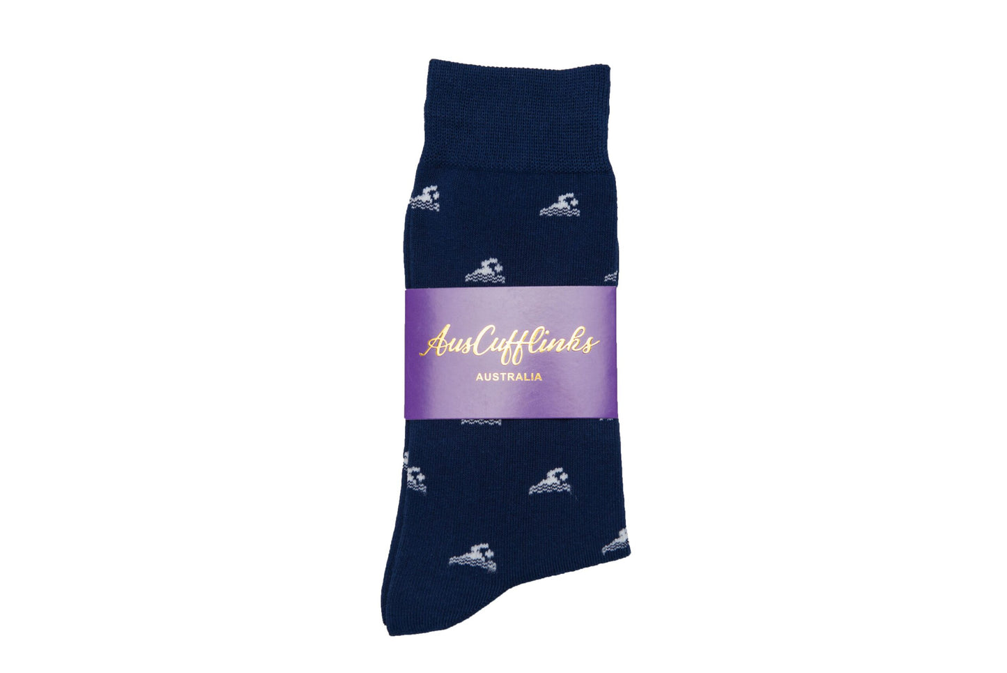 A pair of Swimming Socks in navy blue, adorned with small white swimmer patterns riding a wave, labeled "AusCufflinks Australia" and featuring a purple band.