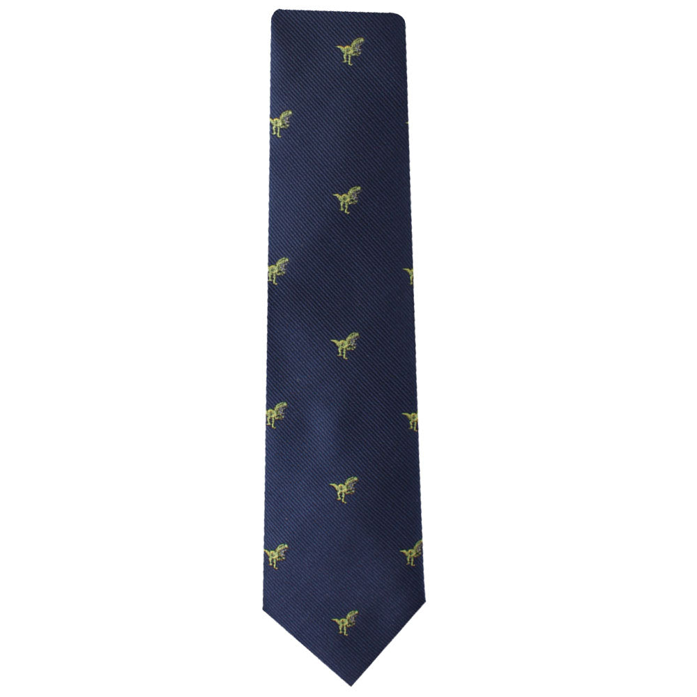 A playful T-Rex Dinosaur Skinny Tie featuring a pattern of small, yellow dinosaur silhouettes—perfect for dinosaur enthusiasts.