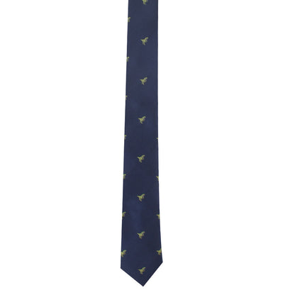 A navy blue T-Rex Dinosaur Skinny Tie with small yellow-green embroidered bee motifs evenly spaced across its surface, perfect for dinosaur enthusiasts looking to add a playful touch to their ensemble.