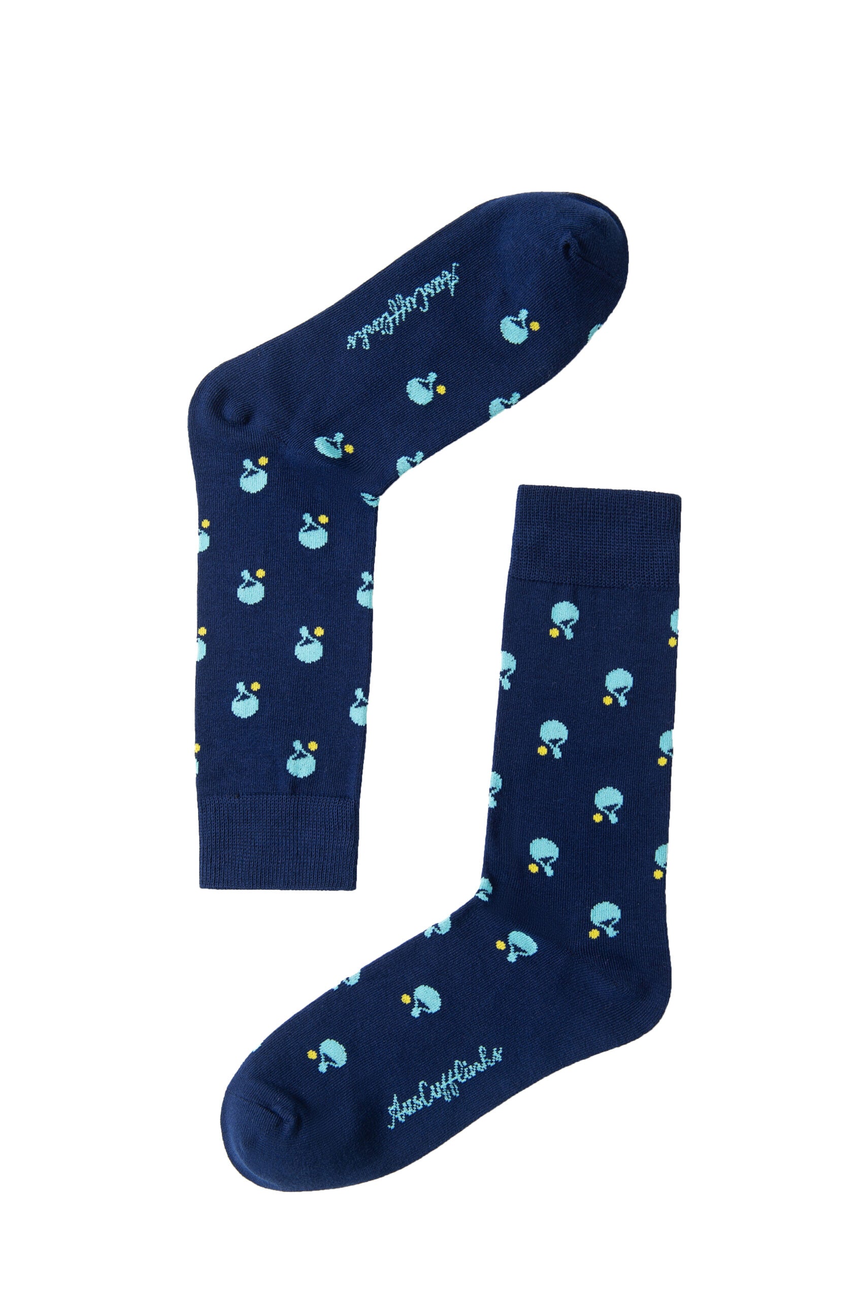 Two navy blue socks featuring a pattern of small light blue birds and yellow accents, positioned in an L-shape. The Table Tennis Socks, designed for feet perfection, have the branding text "Happy Socks" on the toe area.