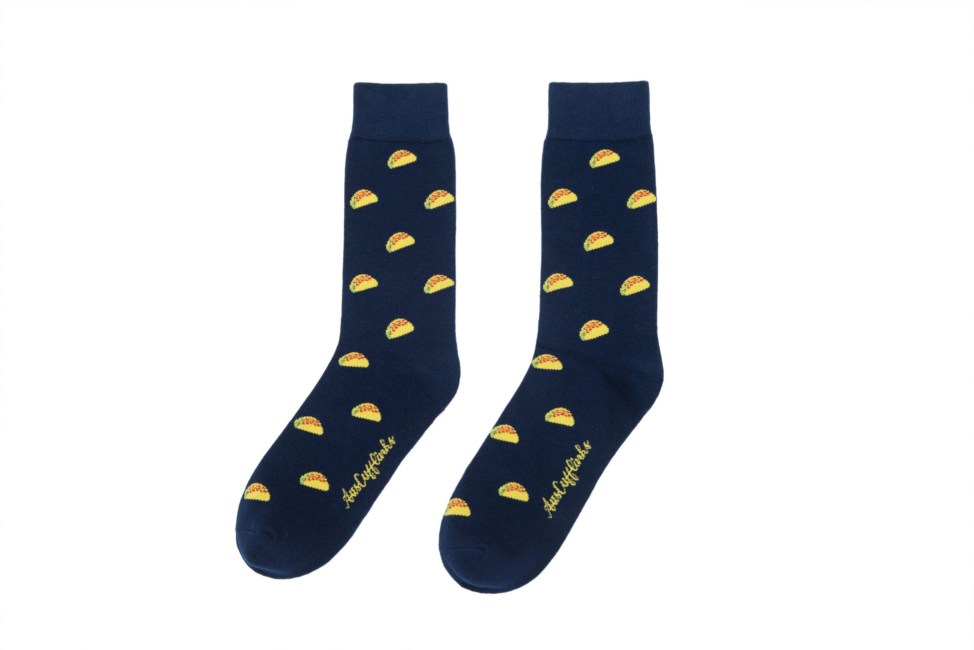 A pair of navy blue Taco Socks with a pattern of flavor-packed yellow hamburgers and the word "hamburger" written at the bottom, adding a sense of playfulness.