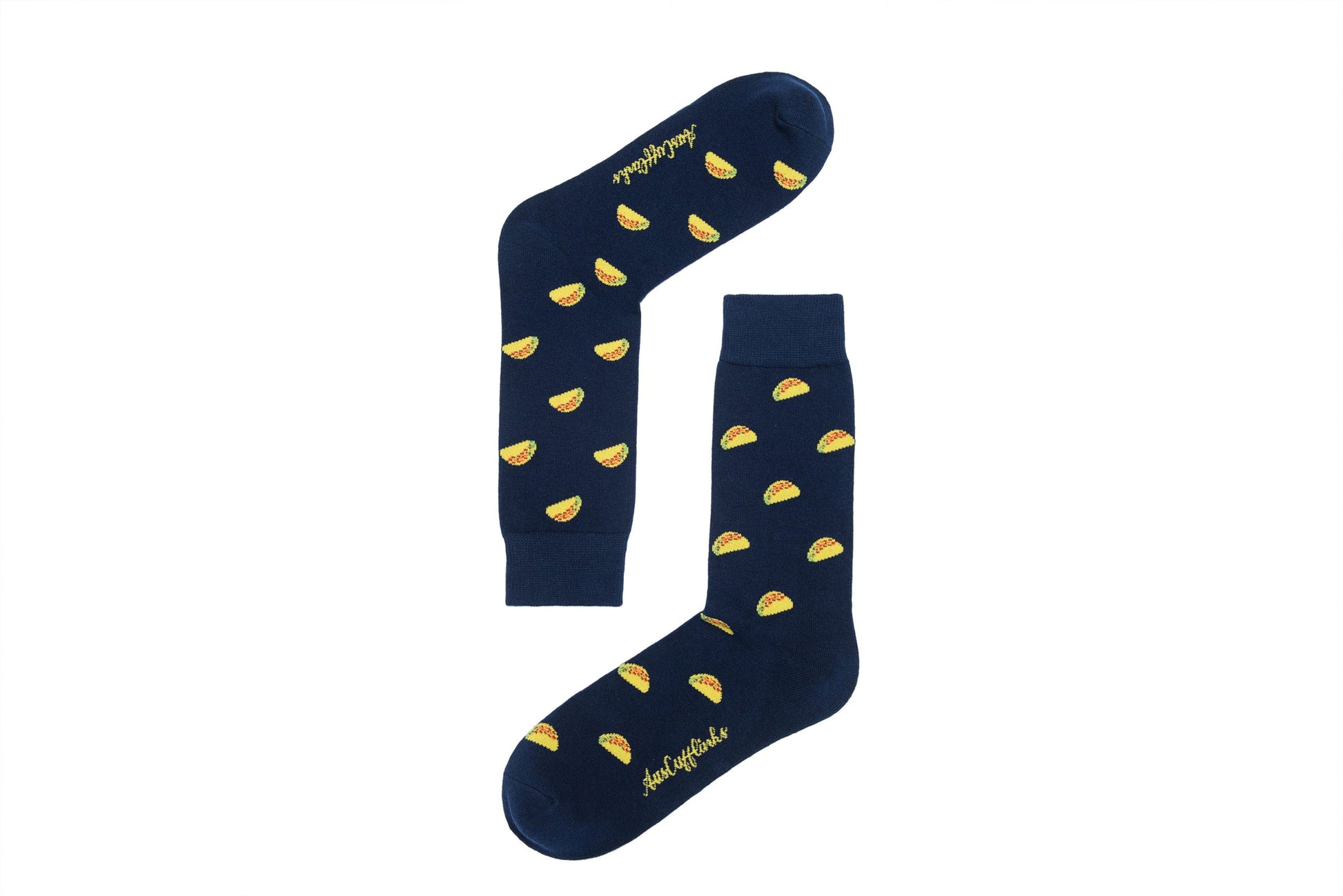 A pair of dark blue, flavor-packed Taco Socks with a taco pattern against a white background, exuding playfulness.