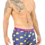 A shirtless man wears the Taco Underwear, featuring navy blue boxer briefs with a taco pattern. They're perfect for taco lovers seeking moisture-wicking comfort and style in one fun package.