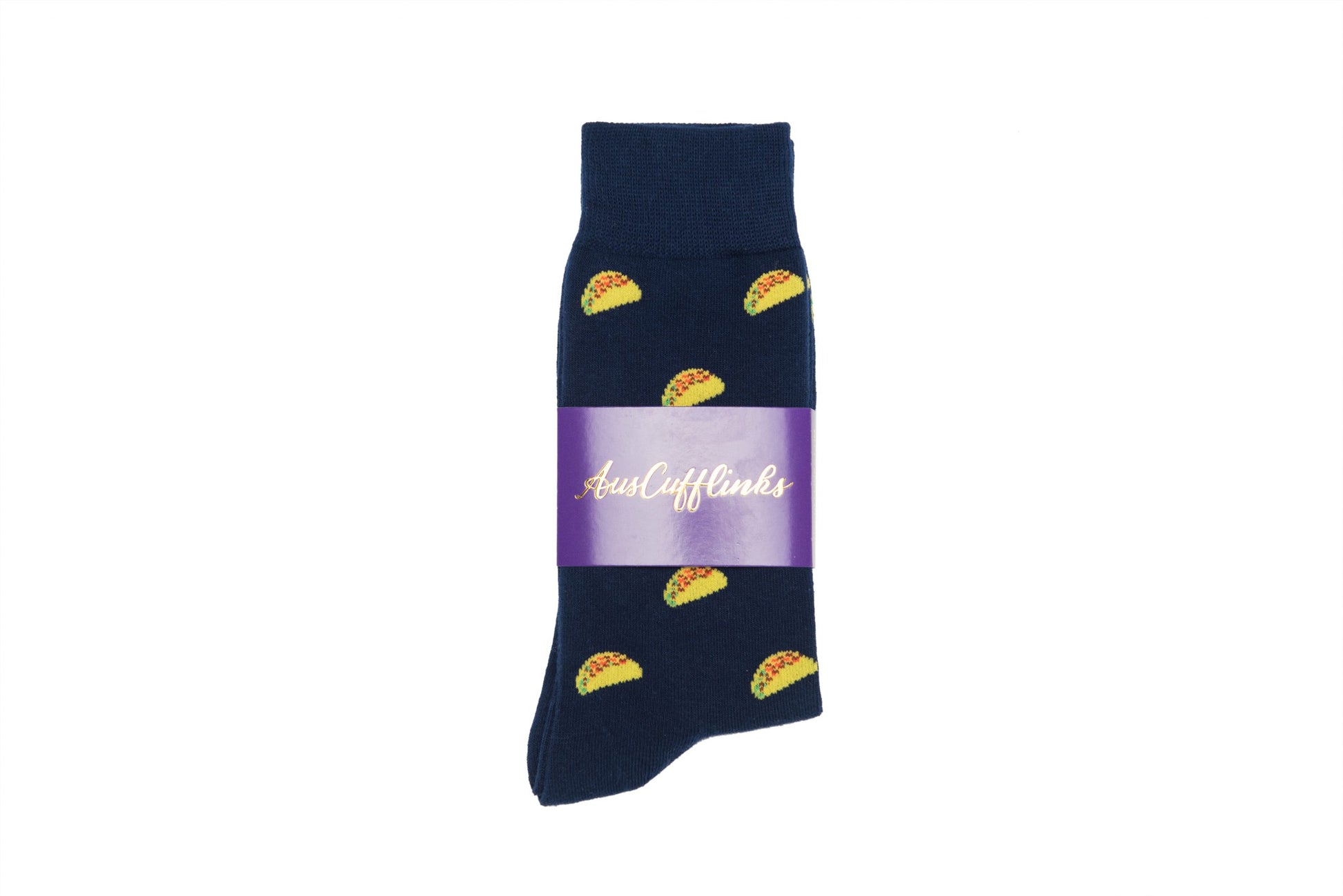A single navy blue Taco Sock, embodying playfulness, and a purple label displaying "justcufflinks.