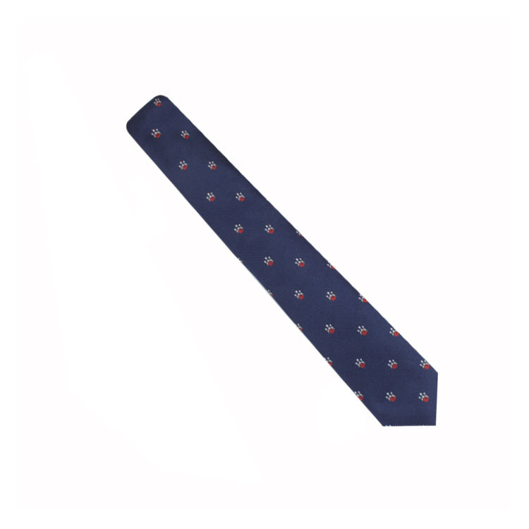 The Bowling Ball Tie features a dark blue base adorned with a small red and white repeating floral pattern on a white background, making it perfect for harmonizing your professional style with a touch of leisure.