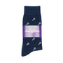 A pair of navy blue Tennis Socks with an embroidered tennis racket pattern, wrapped with a purple band labeled "AusCufflinks," designed for both performance and comfort.