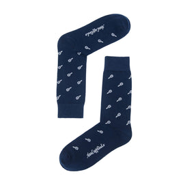 A pair of navy blue Tennis Socks with a small white pattern arranged in an "L" shape, isolated on a white background, ensuring both comfort and performance.