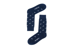 A pair of navy blue Tennis Socks with a small white pattern arranged in an "L" shape, isolated on a white background, ensuring both comfort and performance.