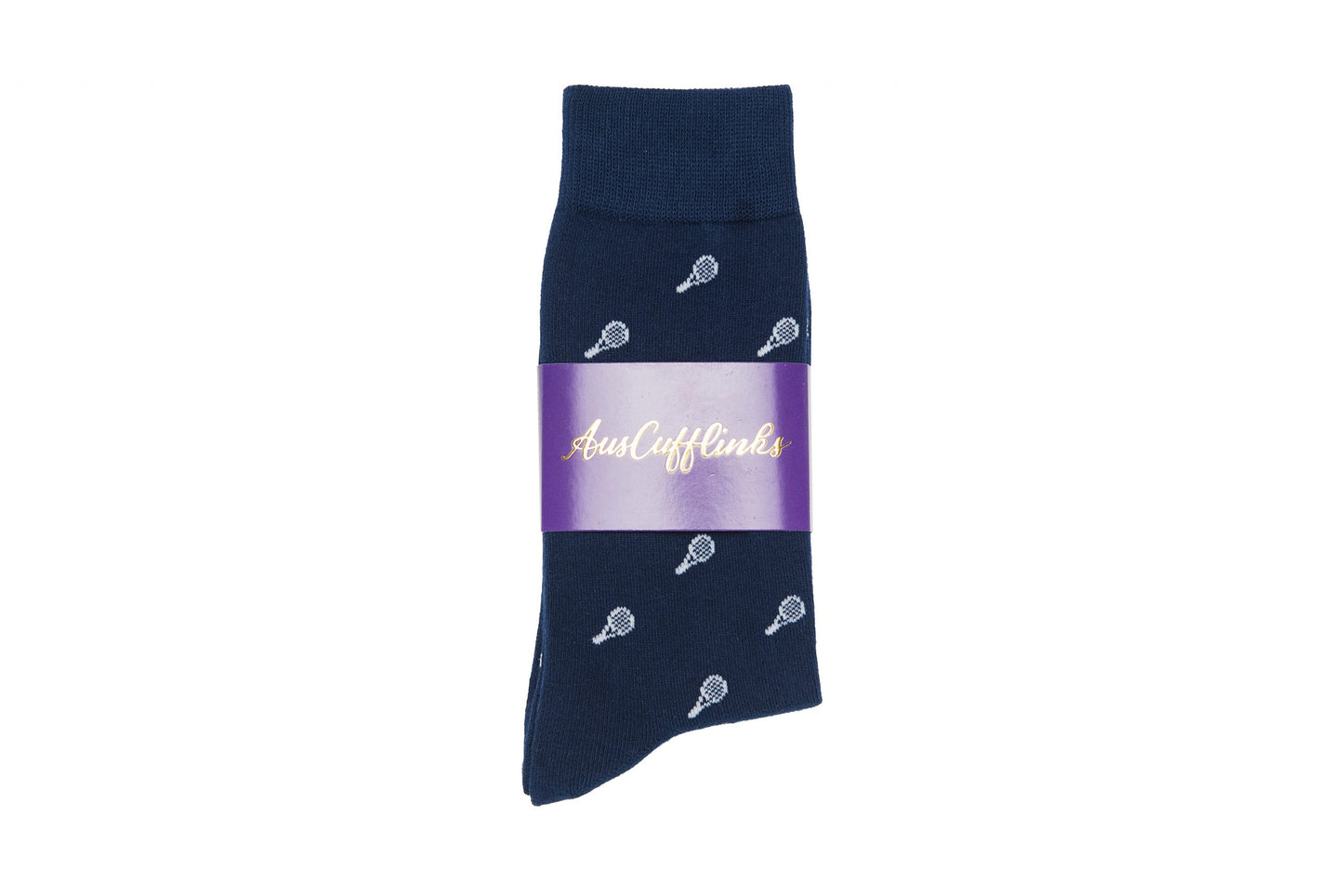 A pair of navy blue Tennis Socks with an embroidered tennis racket pattern, wrapped with a purple band labeled "AusCufflinks," designed for both performance and comfort.