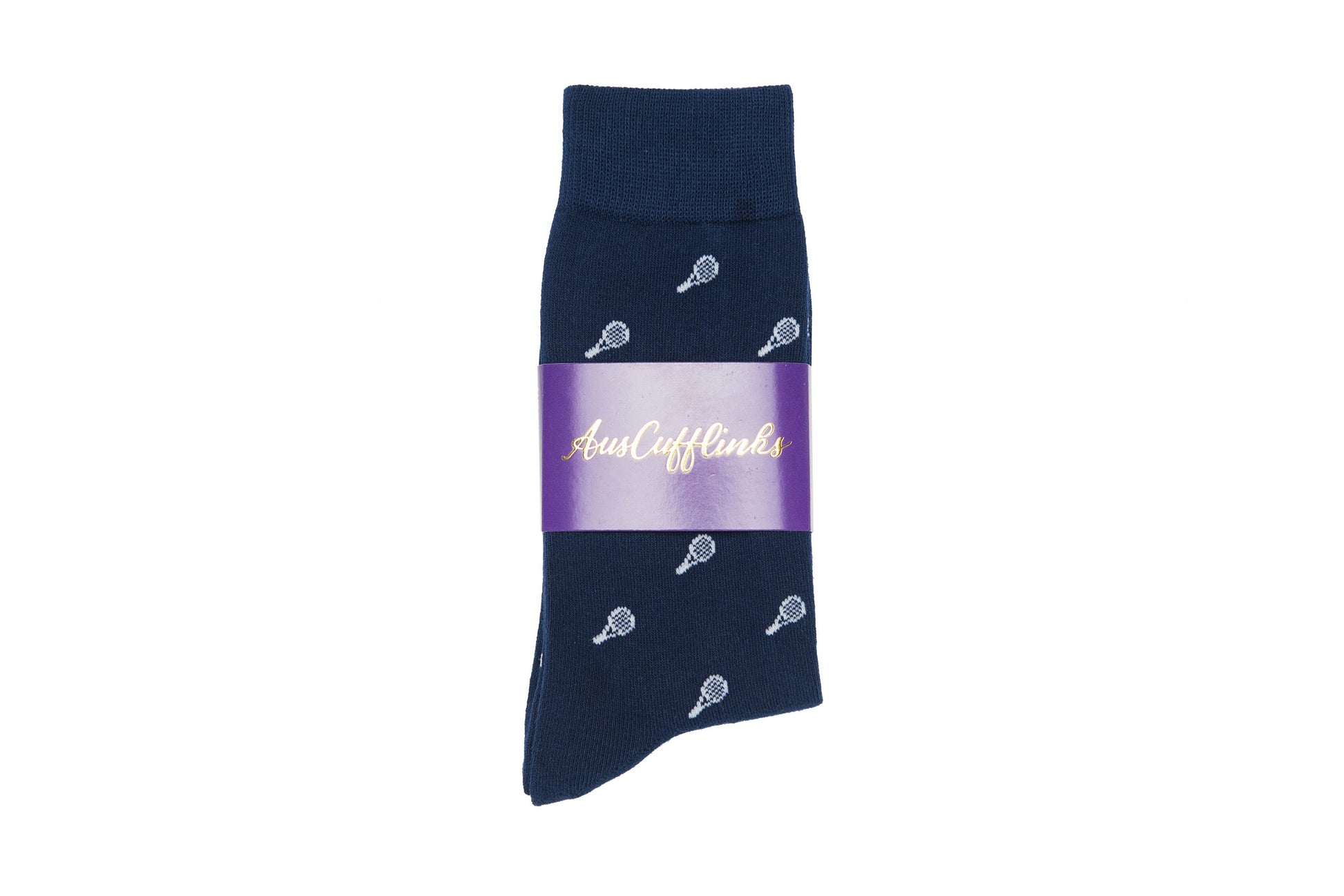 A pair of navy blue Tennis Socks with an embroidered tennis racket pattern, wrapped with a purple band labeled "AusCufflinks," designed for both performance and comfort.