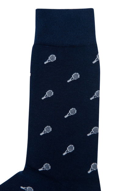 A navy blue Tennis Sock featuring a repeated white guitar pattern designed for comfort and performance.