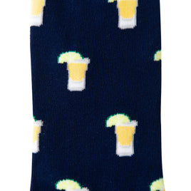Tequila Socks: Navy blue party socks featuring small beer mugs topped with lime wedges—ideal for tequila lovers.