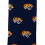 Navy blue Tiger Socks with multiple small, orange, and white tiger head patterns, offering wild comfort in a jungle style.