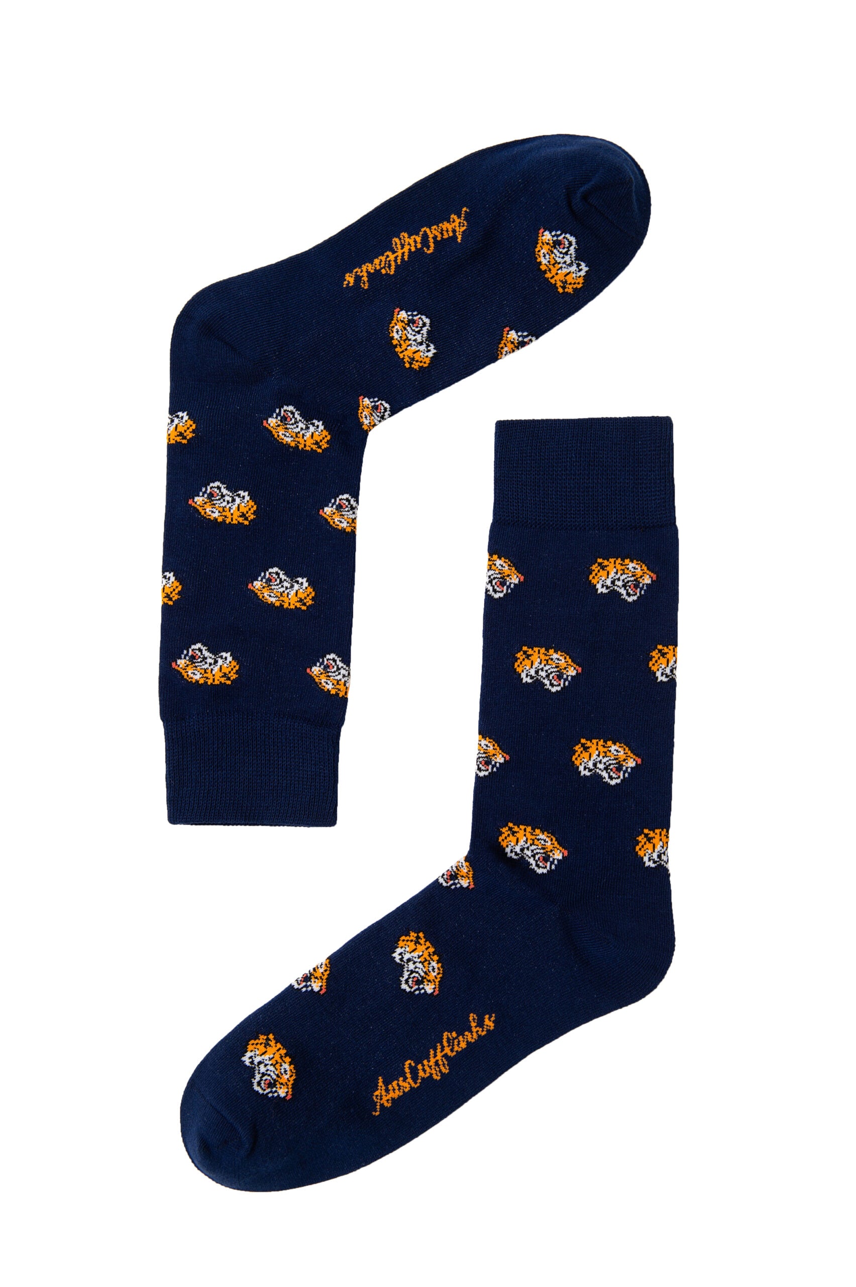 Navy blue socks featuring a repeated tiger head pattern and the text "Awesome Socks" on the bottom, these Tiger Socks blend a touch of jungle style for your feet.