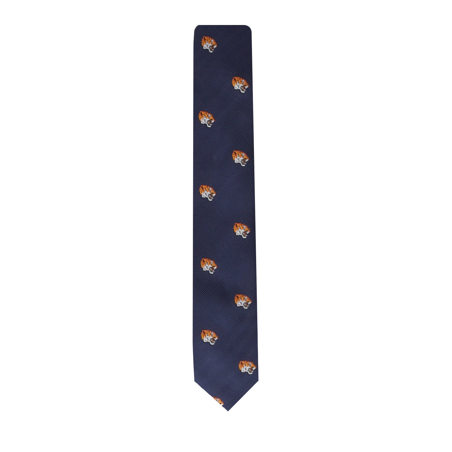 The Tiger Skinny Tie in dark blue features small, evenly spaced embroidered tiger heads, perfect for anyone embracing bold fashion.