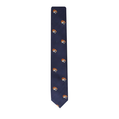 The Tiger Skinny Tie in dark blue features small, evenly spaced embroidered tiger heads, perfect for anyone embracing bold fashion.
