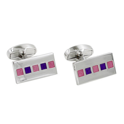 The Tiled Pink Purple Cufflinks feature a luxurious silver base adorned with an elegant pattern of alternating purple and pink squares, making them the ideal formal accessory.