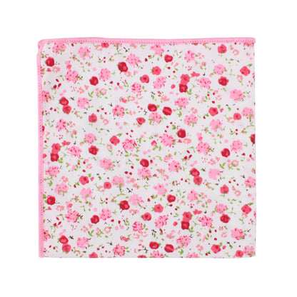 A square cloth with a pink floral pattern and green leaves on white, edged in pink stitching—perfect for weddings or pairing with the Tonal Pink Azalea Floral Cotton Bow Tie & Pocket Square Set.
