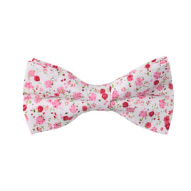 The Tonal Pink Azalea Floral Cotton Bow Tie & Pocket Square Set features a white base with pink and red floral patterns, ideal for weddings, and is showcased against a plain white background.