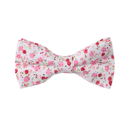 The Tonal Pink Azalea Floral Cotton Bow Tie & Pocket Square Set features a white base with pink and red floral patterns, ideal for weddings, and is showcased against a plain white background.